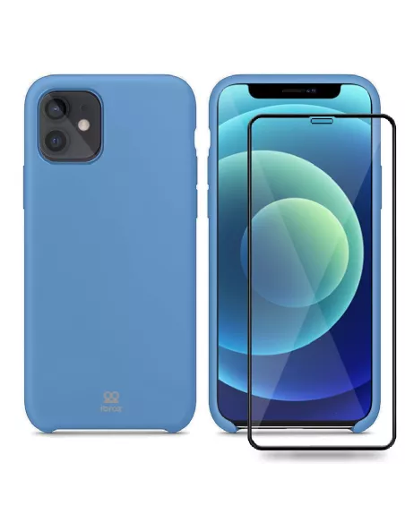 iPhone 12 Coque Liquid Silicone + Verre trempé - Bleu Ciel | Ibroz