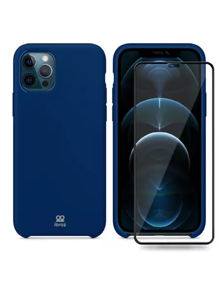 iPhone 12 et 12 Pro Coque Liquid Silicone + Verre trempé - Bleu Mar...