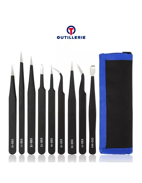 Pack de 9 Pinces de précision (Tweezer) Antistatiques réparation Sm...