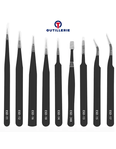 Pack de 9 Pinces de précision (Tweezer) Antistatiques réparation Sm...