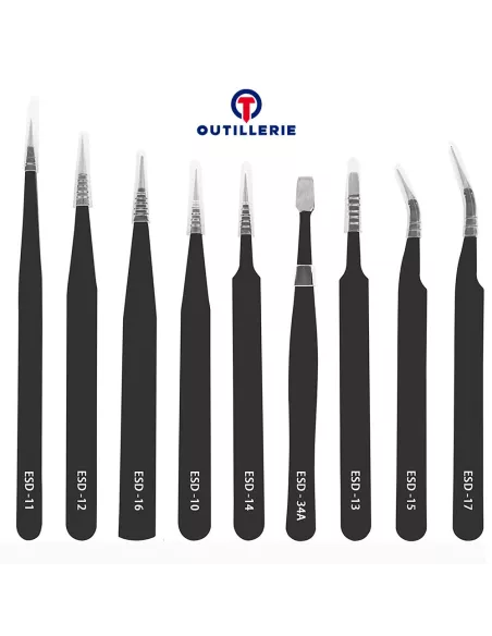 Pack de 9 Pinces de précision (Tweezer) Antistatiques réparation Sm...