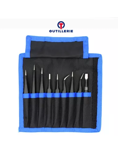 Pack de 9 Pinces de précision (Tweezer) Antistatiques réparation Sm...
