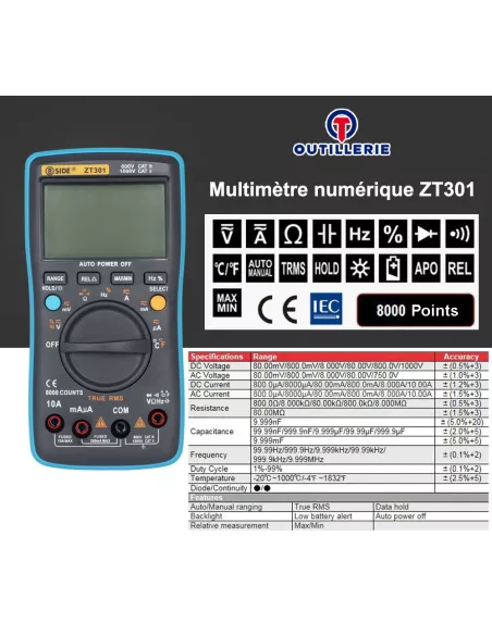 Multimètre Numérique 8000 Points - True RMS, Voltmètre, Thermomètre...