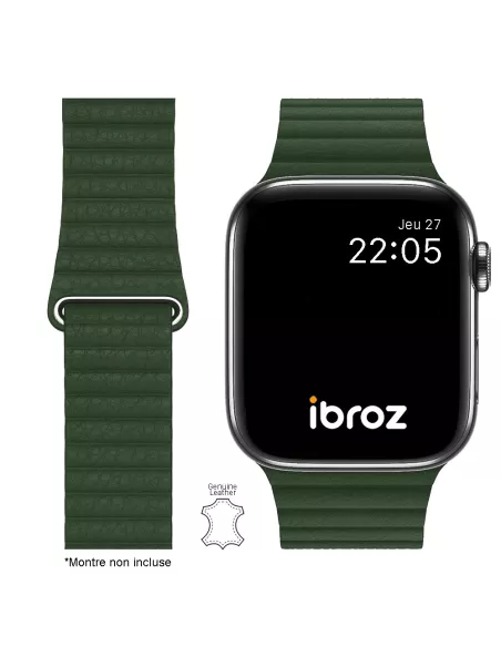 Bracelet en Cuir véritable Apple Watch 7, 6, SE, 5, 4, 3 - Vert Seq...