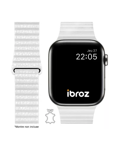 Bracelet en Cuir véritable Apple Watch 7, 6, SE, 5, 4, 3 - Blanc Ne...