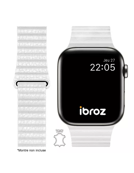 Bracelet en Cuir véritable Apple Watch 7, 6, SE, 5, 4, 3 - Blanc Ne...