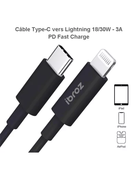 Câble iPhone, iPad, AirPod - Lightning vers USB-C (30W-3A) - Fast C...