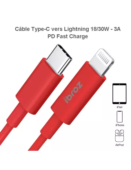 iPhone, iPad, AirPod cable - Lightning to USB-C (30W-3A) - Fast C...