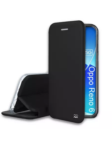 Oppo Reno 6 Folio Clam Leather Case + 9H Tempered Glass - Black | Ibroz