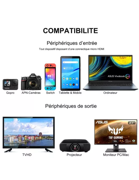 Câble Micro HDMI vers HDMI 4K standard - Diffusion video vers TV-pr...