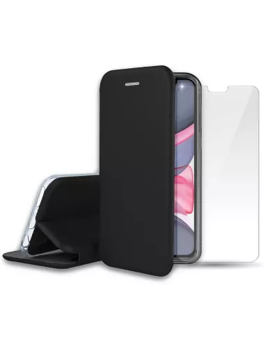 iPhone 11 Folio Leather Case + 9H Tempered Glass Screen Protector - Black...