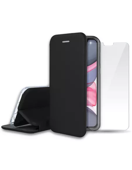 iPhone 11 Folio Leather Case + 9H Tempered Glass Screen Protector - Black...