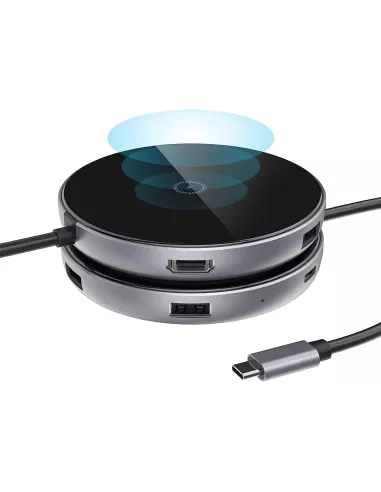 ibroz wireless induction charger 15W + Hub 6 in 1 - HDMI 4K + 3 USB-C - USB-C 100W + SD Reader