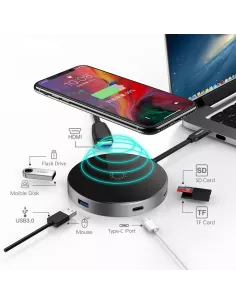 ibroz wireless induction charger 15W + Hub 6 in 1 - HDMI 4K + 3 USB-C - USB-C 100W + SD Reader 2