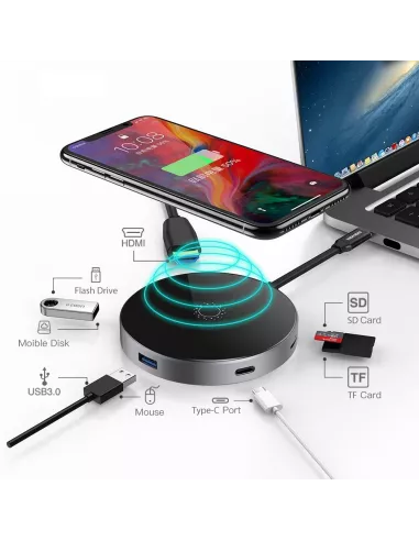 ibroz-Chargeur sans fil induction 15W + Hub 6 en 1 - HDMI 4K + 3 USB-C - USB-C 100W + Lecteur SD