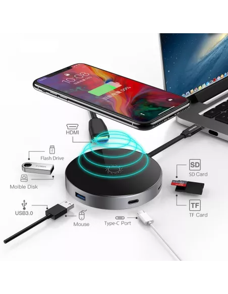 ibroz-Chargeur sans fil induction 15W + Hub 6 en 1 - HDMI 4K + 3 USB-C - USB-C 100W + Lecteur SD