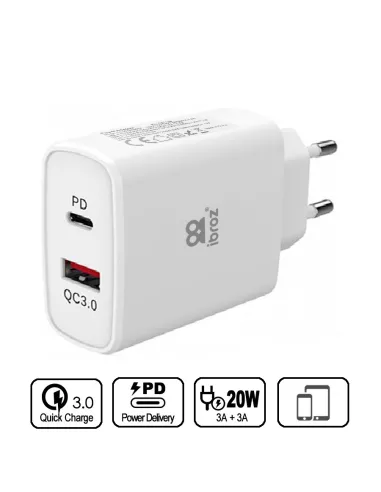 ibroz-Adaptateur Chargeur Secteur ultra Rapide USB 20W - USB-A (QC 3.0) et USB-C (PD-20W) - blanc