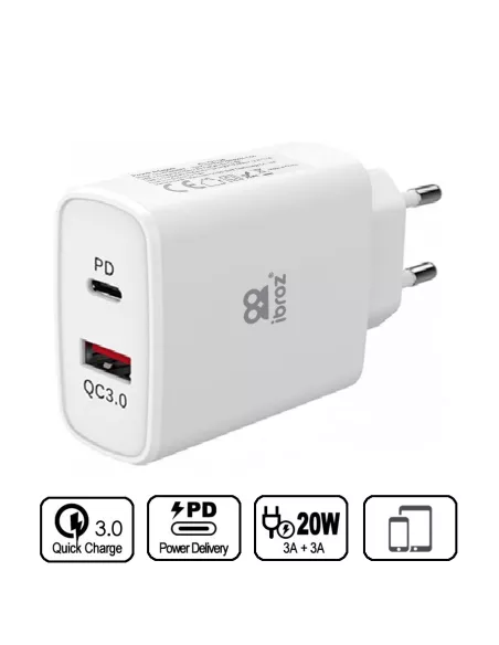 ibroz-Adaptateur Chargeur Secteur ultra Rapide USB 20W - USB-A (QC 3.0) et USB-C (PD-20W) - blanc