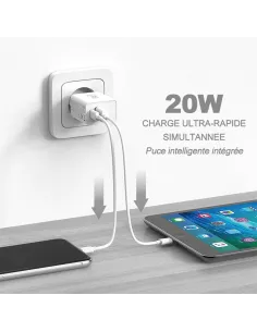 ibroz-Adaptateur Chargeur Secteur ultra Rapide USB 20W - USB-A (QC 3.0) et USB-C (PD-20W) - blanc 2