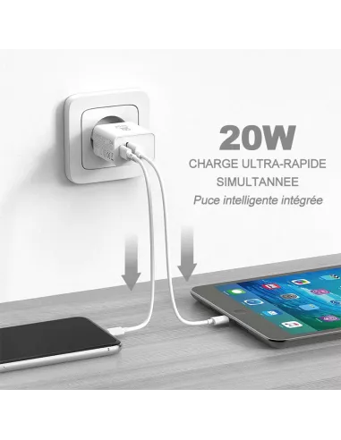 ibroz-Adaptateur Chargeur Secteur ultra Rapide USB 20W - USB-A (QC 3.0) et USB-C (PD-20W) - blanc