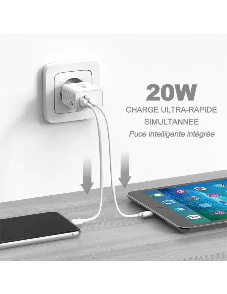 ibroz-Adaptateur Chargeur Secteur ultra Rapide USB 20W - USB-A (QC 3.0) et USB-C (PD-20W) - blanc