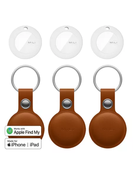 MiLi MiTag tracker localisateur Pack de 3 + Etui Cuir porte-clés - Havane