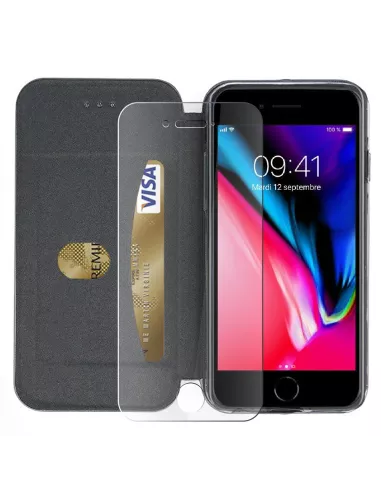 iPhone 7/8/SE (2020) Etui Cuir Folio + Verre Trempé 9H - Noir | Ibroz