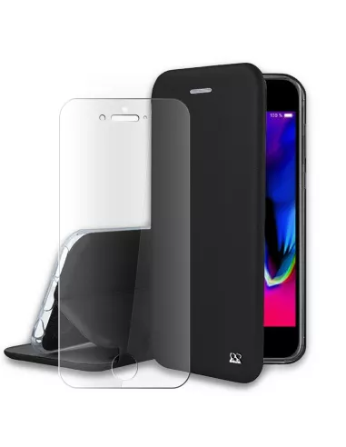 iPhone 7/8/SE (2020) Folio Leather Case + 9H Tempered Glass - Black | Ibroz