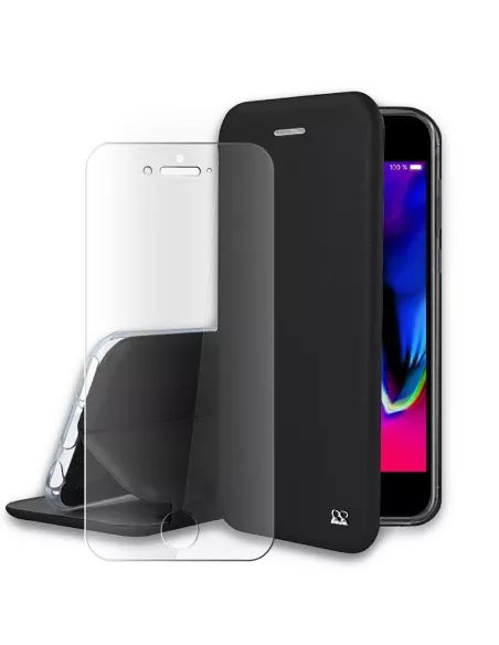 iPhone 7/8/SE (2020) Etui Cuir Folio + Verre Trempé 9H - Noir | Ibroz