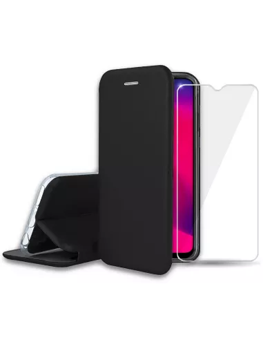 Oppo A5 2020 Etui Cuir Folio Clam + Verre Trempé + Noir | Ibroz