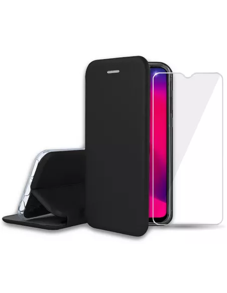 Oppo A5 2020 Folio Clam Leather Case + Tempered Glass + Black | Ibroz