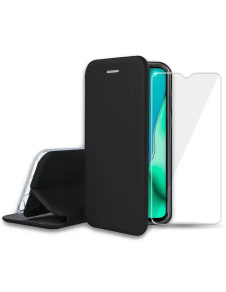 Oppo A9 Folio Clam Leather Case + Tempered Glass + Black | Ibroz