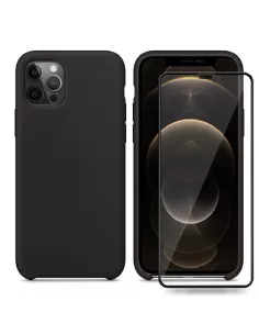 iPhone 12 et 12 Pro Coque Liquid Silicone + Verre trempé - Noir | I...