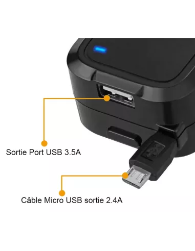 Chargeur voiture 3.5A Cable Rétractable Micro USB et Port USB | Ibroz
