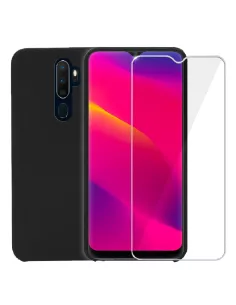 Oppo A5 Coque Liquid Silicone Soft Touch + 9H Tempered Glass - Black |...