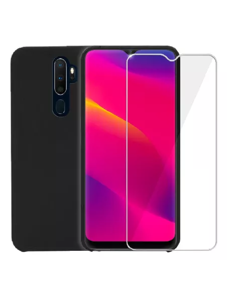 Oppo A5 Coque Liquid Silicone Soft Touch + 9H Tempered Glass - Black |...