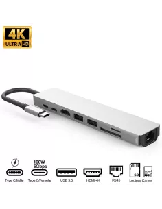 Hub 8 in 1 TIGER 8 - USB C to PD Charge + 2 USB 3.0 Ports + 2 USB...