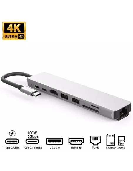 Hub 8 in 1 TIGER 8 - USB C to PD Charge + 2 USB 3.0 Ports + 2 USB...