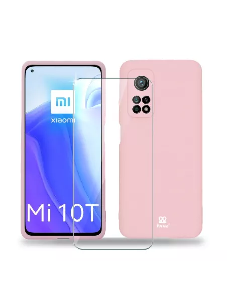 Xiaomi Mi 10T Coque Liquid Silicone Soft Touch rose + Tempered Glass ...