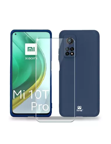 Xiaomi Mi 10T Pro Coque Liquid Silicone Soft Touch bleu + Verre Tre...