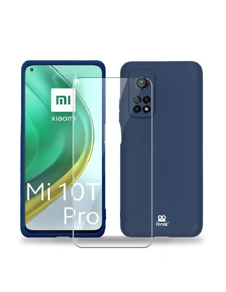 Xiaomi Mi 10T Pro Coque Liquid Silicone Soft Touch bleu + Verre Tre...