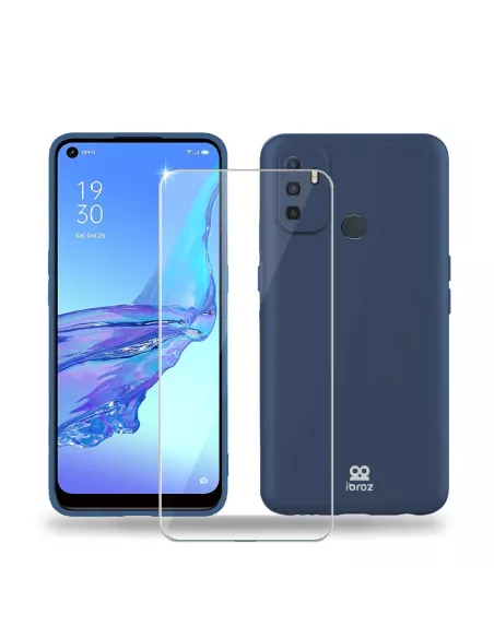 Oppo A53s Liquid Silicone Case + 9H Tempered Glass - Blue | Ibroz