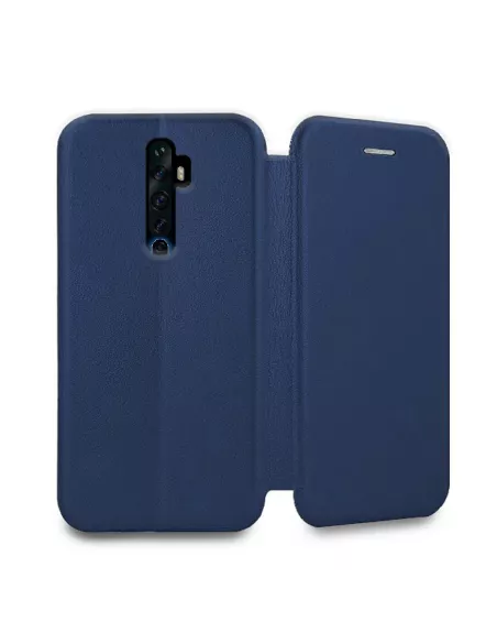 Oppo Reno 2 Leather Case Folio Clam + Tempered Glass + Blue | Ibroz