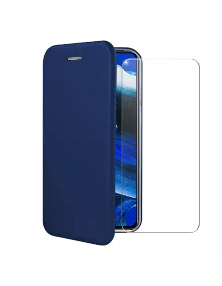 Oppo Reno 2 Leather Case Folio Clam + Tempered Glass + Blue | Ibroz