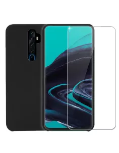 Oppo Reno 2 Case Liquid Silicone + Tempered Glass + Black | Ibroz