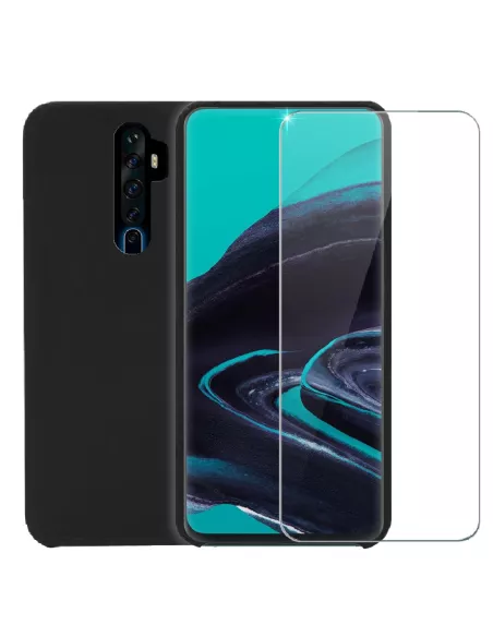 Oppo Reno 2 Case Liquid Silicone + Tempered Glass + Black | Ibroz