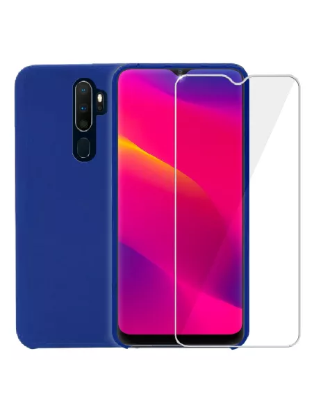 Oppo A5 Coque Liquid Silicone Soft Touch + 9H Tempered Glass - Blue |...