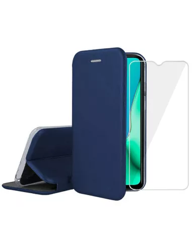 Oppo A9 Etui Cuir Folio Clam + Verre Trempé + Bleu | Ibroz