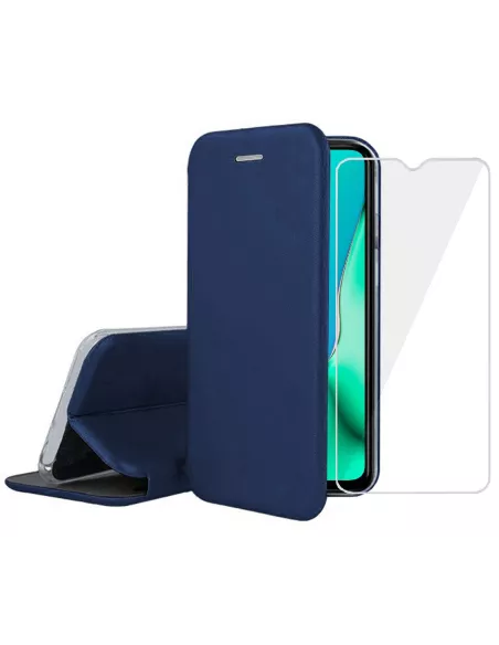 Oppo A9 Etui Cuir Folio Clam + Verre Trempé + Bleu | Ibroz