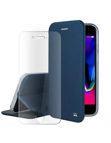 iPhone 7/8/SE (2020) Etui Cuir Folio + Verre Trempé 9H - Bleu | Ibroz